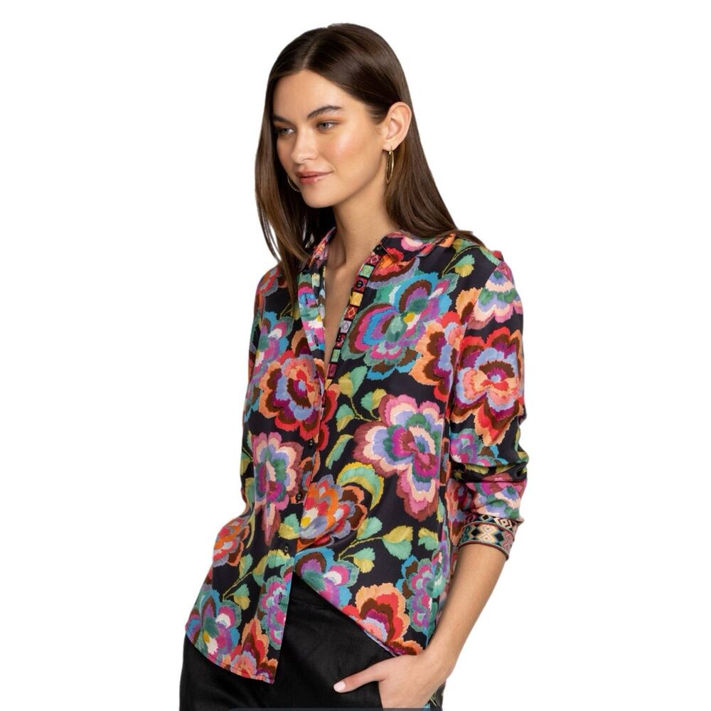 Johnny Was 100% Silk Blouse Button Down XL Embroidered Floral Luxury Designer